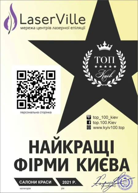 Нагорода LaserVille - "Найкращі фірми Києва" у категорії - салони краси 2021 р.